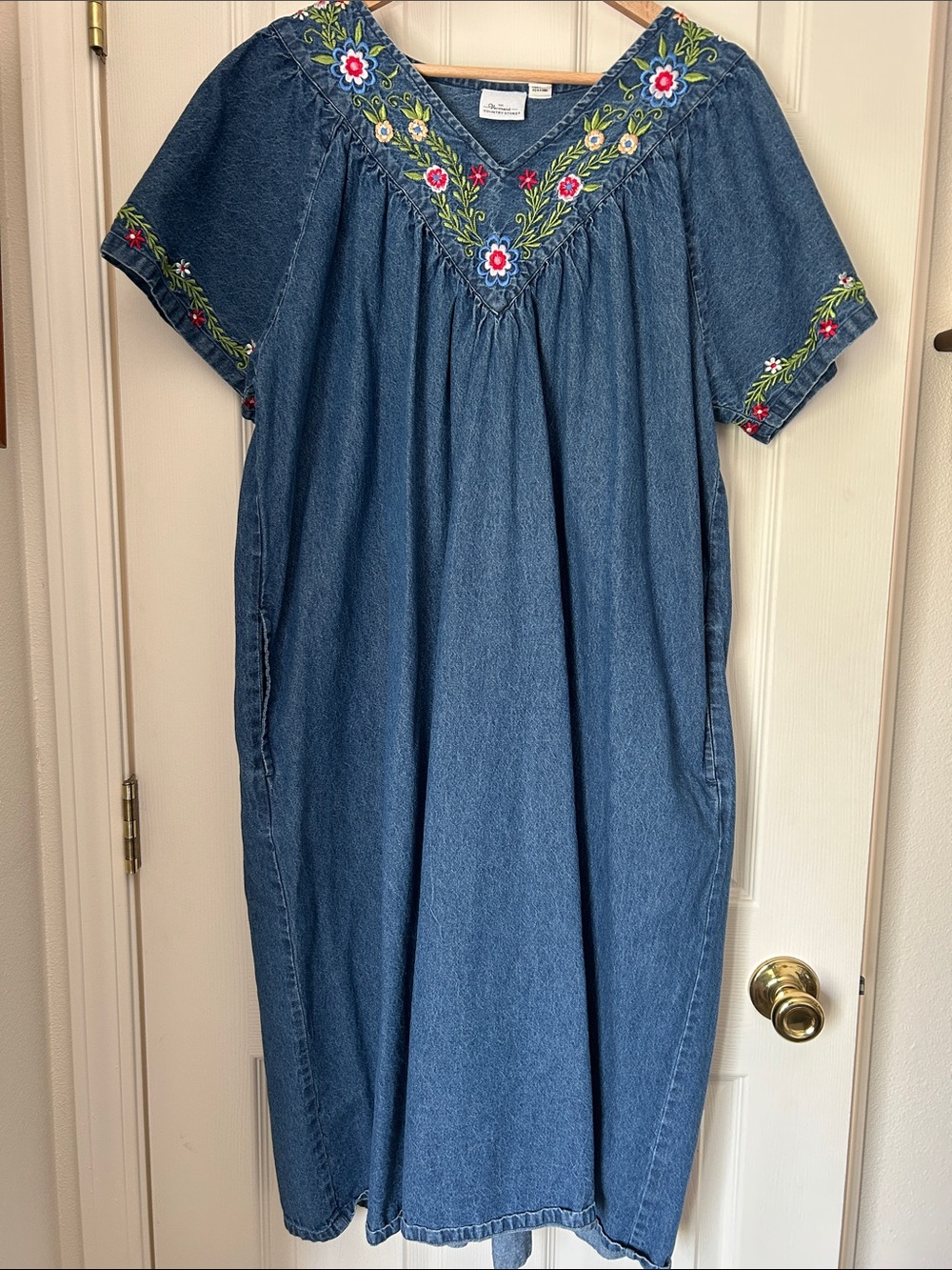Denim Midi Dress with Floral Embroidery - Blue